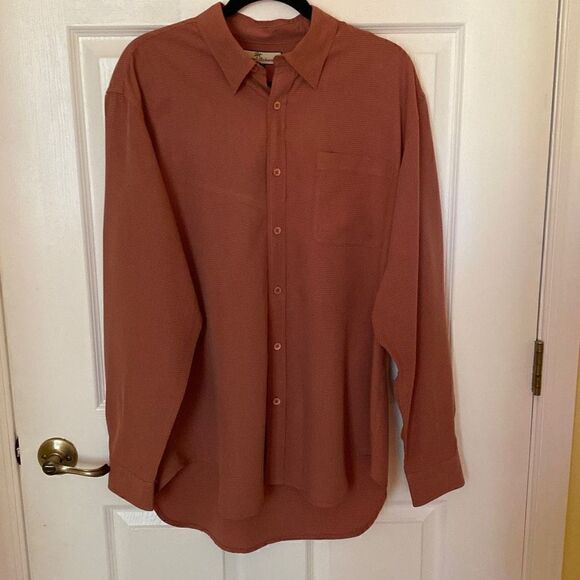 Tommy Bahama Mens Long Sleeve Button-Up Shirt, Salmon with Gray, Size L. - Picture 1 of 6